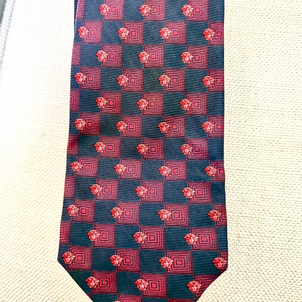Versace Made in Italy  Navy Tie with Red Geometric  Medusa Pattern